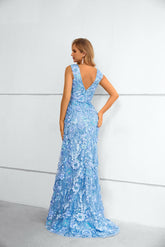 Blue Fitted Maxi Long Floral Lace Formal Prom Evening Dress EN5606